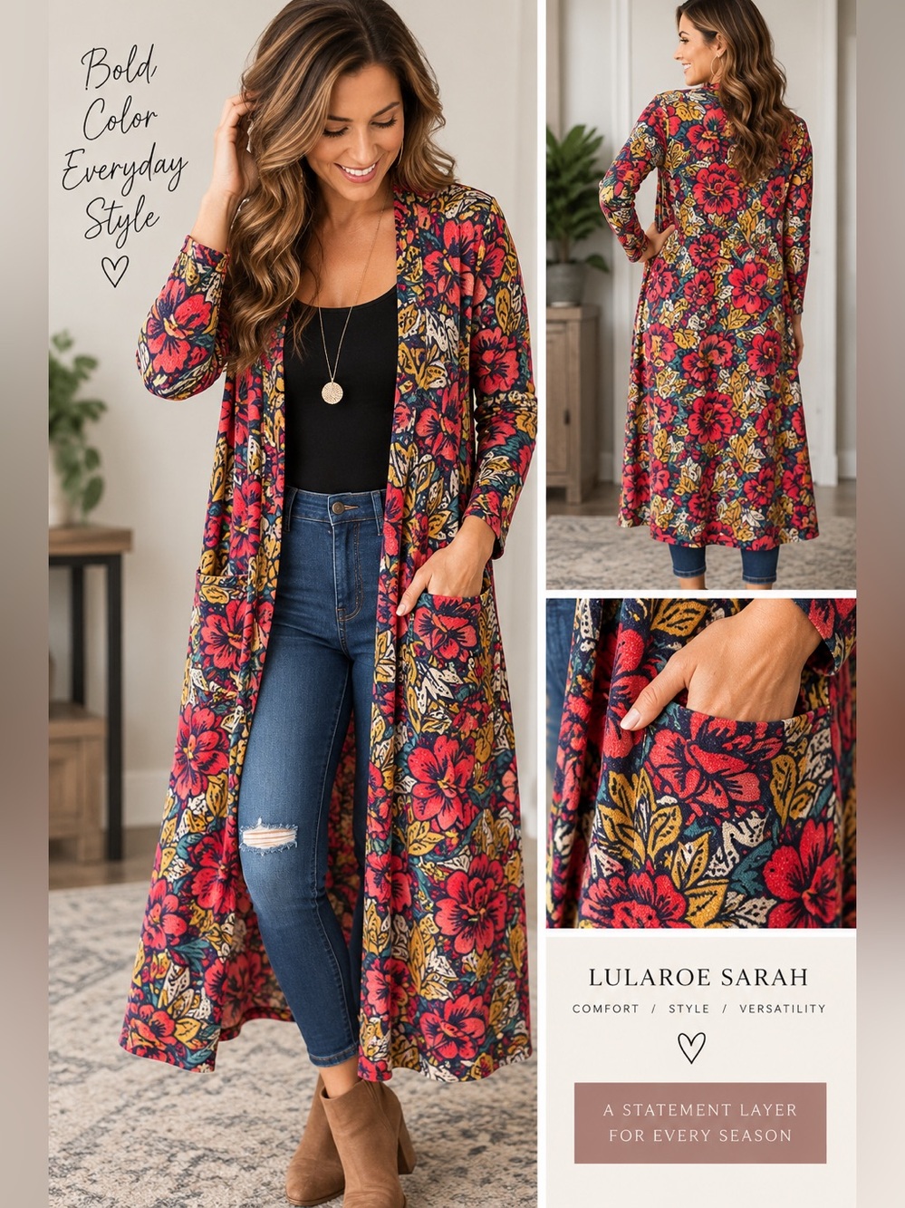 LuLaRoe Sarah M Floral Long Duster Cardigan Red Teal Mustard Pockets